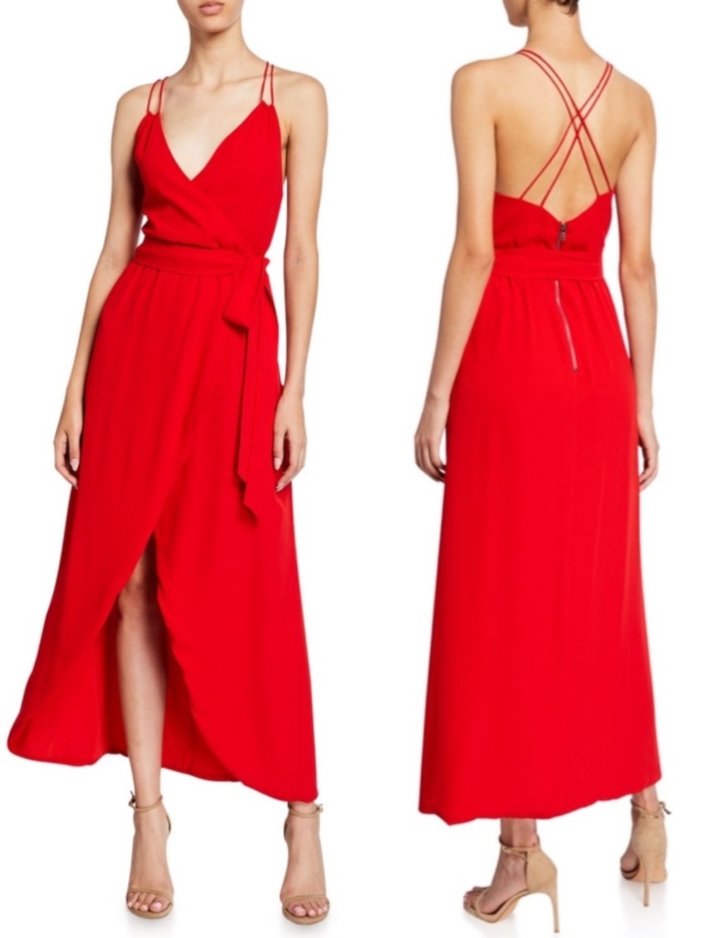 NWT Alice + Olivia Susana Multi-Strap Faux Wrap High Low Dress in Cherry Red 6
